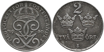 Швеция 2 эре 1950 Густав V (1907-1950) KM 811 железо 63-1051