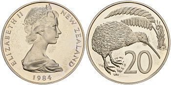 Новая Зеландия 20 центов 1984 Елизавета II (1952-2022), птичка киви KM 36.1 медно-никель PROOF 3711-1522