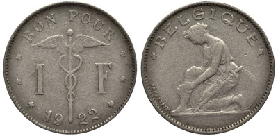 Бельгия 1 франк 1922 Belgique, Альберт I (1910-1934) KM 89 никель 27-1015