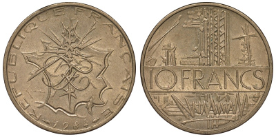 Франция 10 франков 1984 тип Матье KM 940, Le Franc 365.23-24 никель латунь 4123-625