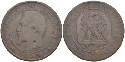 Франция 10 сантимов 1855 BB, Наполеон III (1852-1870) KM 771.3, Le Franc 133.23 бронза 3460-943