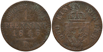 Пруссия 1 пфенниг 1846 D, Фридрих Вильгельм IV (1840-1861) KM 451 медь 4549-449