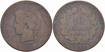 ФРАНЦИЯ 10 САНТИМОВ 1881 A, ТРЕТЬЯ РЕСПУБЛИКА (1871-1940) KM 815.1, LA FRANC 135.25 бронза 97-623