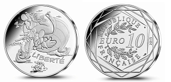 Франция 10 евро 2015 серия Астерикс и свобода, Астерикс и Обеликс смеются, в оригинальном буклете KM NEW серебро UNC 1-4-3-30