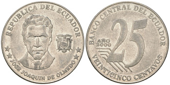 Эквадор 25 сентаво 2000 KM 107 сталь плакированная никелем 4401-1254