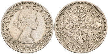 Великобритания 6 пенсов 1954 Елизавета II (1952-2022) KM 903, Spink 4149 медно-никель 192-228