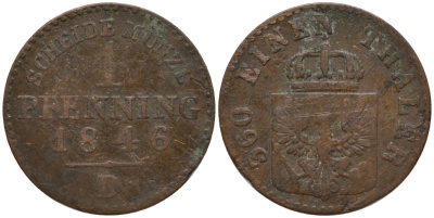 Пруссия 1 пфенниг 1846 D, Фридрих Вильгельм IV (1840-1861) KM 451 медь 4549-449