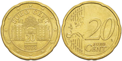 АВСТРИЯ 20 ЕВРОЦЕНТОВ 2009 ДВОРЦОВЫЙ КОМПЛЕКС БЕЛЬВЕДЕР В ВЕНЕ KM 3140 латунь UNC 25-1854