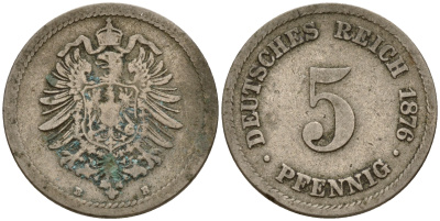 Германия 5 пфеннигов 1876 B J.3  KM 3 медно-никель    4598-1011