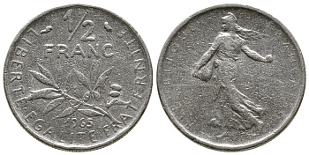 Франция 1/2 франка 1965 сеятель KM 931, Le Franc 198.3 никель 93-1353