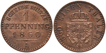 ПРУССИЯ 1 ПФЕННИГ 1860 А, ФРИДРИХ ВИЛЬГЕЛЬМ IV (1840-1861) KM 451 медь 116-646