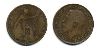 Великобритания 1 пенни 1916 Георг V (1910-1936) КМ 810, Spink 4051 бронза 47-114
