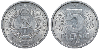 ГДР 5 ПФЕННИГОВ 1983 A КМ 9.2 алюминий 62-515