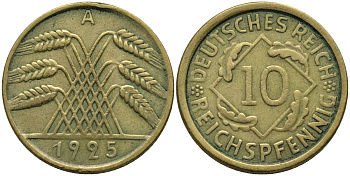 Германия 10 рейхспфеннигов 1925 A KM 40 алюминиевая бронза 4171-334