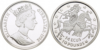 Гибралтар 14 экю - 10 фунтов 1992 рыцарь вправо KM 109 серебро PROOF 1080-9-53