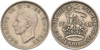 Великобритания 1 шиллинг 1948 Георг VI (1936-1952), Английский герб KM 863, Spink 4103 медно-никель 4126-432
