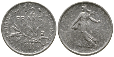 Франция 1/2 франка 1965 сеятель KM 931, Le Franc 198.3 никель 3461-253