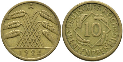 Германия 10 рентенпфеннигов 1924 A KM 33 алюминиевая бронза 4163-755
