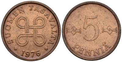 Финляндия 5 пенни 1976 KM 45 медь 4602-263