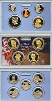 США официальный набор из 14 монет, в 3 пластиковых сетах 2010 годовой набор и юбилейные монет (1 доллар и 25 центов), в оригинальной коробке, сертификат KM PS 245   PROOF  8-2-03-15