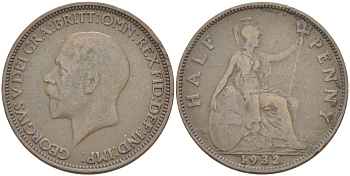 Великобритания 1/2 пенни 1932 Георг V (1910-1936) KM 837, Spink 4058 бронза 4514-1132