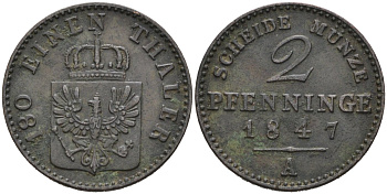 Пруссия 2 пфеннига 1847 A, Фридрих Вильгельм IV (1846-1860) KM 452, AKS 91 медь 4575-741