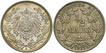Германия 1/2 марки 1917 Е KM 17, J. 16 серебро UNC 65-251