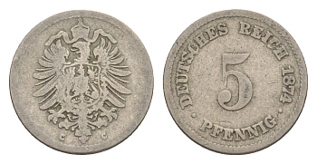 Германия 5 пфеннигов 1874 C, Вильгельм I (1871-1888) KM 3, J. 3, Weege 5 медно-никель 4639-1241