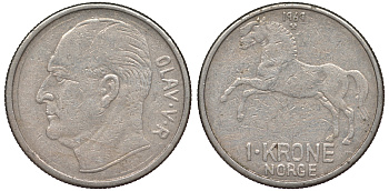 Норвегия 1 крона 1969 лошадь KM 409 медно-никель 25-2141