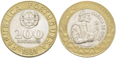Португалия 200 эскудо 1991 Гарсия Де Орта (1501-1568) KM 655 биметалл 4403-1046