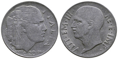 Италия 20 чентезимо 1940 R, Виктор Эммануил III (1900-1946), XXI год KM 75b, VEM3. 1025 нержавеющая сталь 4622-352