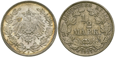 Германия 1/2 марки 1917 Е KM 17, J. 16 серебро UNC 65-251