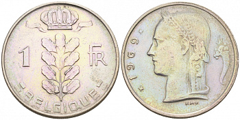 БЕЛЬГИЯ 1 ФРАНК 1969 BELGIQUE KM 142.1 медно-никель 68-635