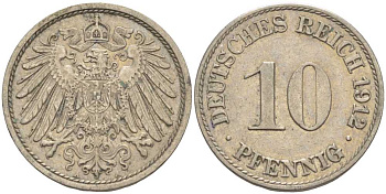 ГЕРМАНИЯ 10 ПФЕННИГОВ 1912 A KM 12, J. 13 медно-никель 33-435