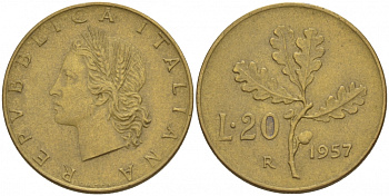 ИТАЛИЯ 20 ЛИР 1957 R, ДУБОВЫЙ ЛИСТ KM 97.1 алюминиевая бронза 4548-313