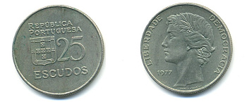 ПОРТУГАЛИЯ 25 ЭСКУДО 1977 KM 607 медно-никель 80-427