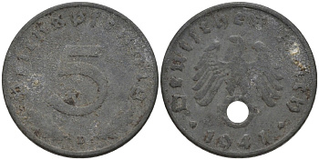 Германия 5 рейхспфеннигов 1941 D, монетный двор Мюнхен KM 100, J. 370 цинк 186-737