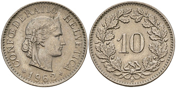 Швейцария 10 раппенов 1962 B KM 27 медно-никель 4189-366