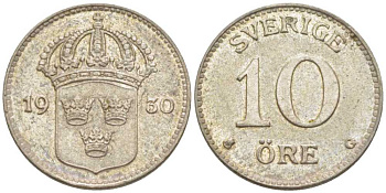 Швеция 10 эре 1930 G, Густав V (1907-1950) KM 780 серебро 116-1154
