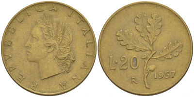 ИТАЛИЯ 20 ЛИР 1957 R, ДУБОВЫЙ ЛИСТ KM 97.1 алюминиевая бронза 4548-313