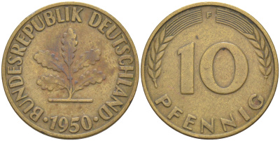 ФРГ 10 пфеннигов 1950 F KM 108, J. 383 сталь плакированная латунью 4513-945