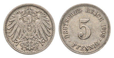 Германия 5 пфеннигов 1908 A KM 11, J. 12 медно-никель 4651-667