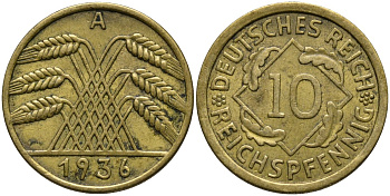 Германия 10 рейхспфеннигов 1936 A KM 40 алюминиевая бронза 4171-357