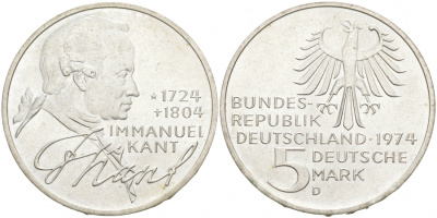 ФРГ 5 марок 1974 D, 250 лет со дня рождения Иммануила Канта KM 139 серебро 3855-622