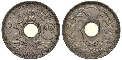 ФРАНЦИЯ 25 САНТИМОВ 1930 ТИП ЛАНДАЙЕ KM 867а, LE FRANC 171,14 медно-никель 27-917