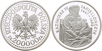 Польша 200000 злотых 1993 серия Польские короли, Казимир IV Ягайлович (1447-1492), на троне, тираж 5000 экз. KM 258 серебро PROOF 00-821-08
