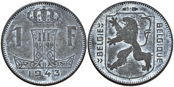 БЕЛЬГИЯ 1 ФРАНК 1943 BELGIE BELGIQUE KM 128 цинк 179-845