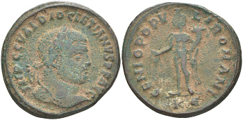 Римская Империя нуммий 297 - 299 Диоклетиан, бюст императора, IMP C C VAL DIOCLETIANVS P F AVG / Гений Римского народа, GENIO POPVLI ROMANI, Кизик RIC 12а биллон 1073-23-35