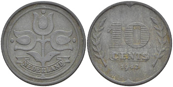 НИДЕРЛАНДЫ 10 ЦЕНТОВ 1942 ВИЛЬГЕЛЬМИНА I (1891-1948), ГЕРМАНСКАЯ ОККУПАЦИЯ, ВТОРАЯ МИРОВАЯ ВОЙНА KM 173 цинк 4548-837