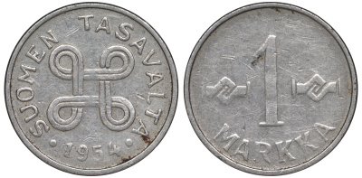 ФИНЛЯНДИЯ 1 МАРКА 1954 KM 36а железо плакированное никелем 3334-1235